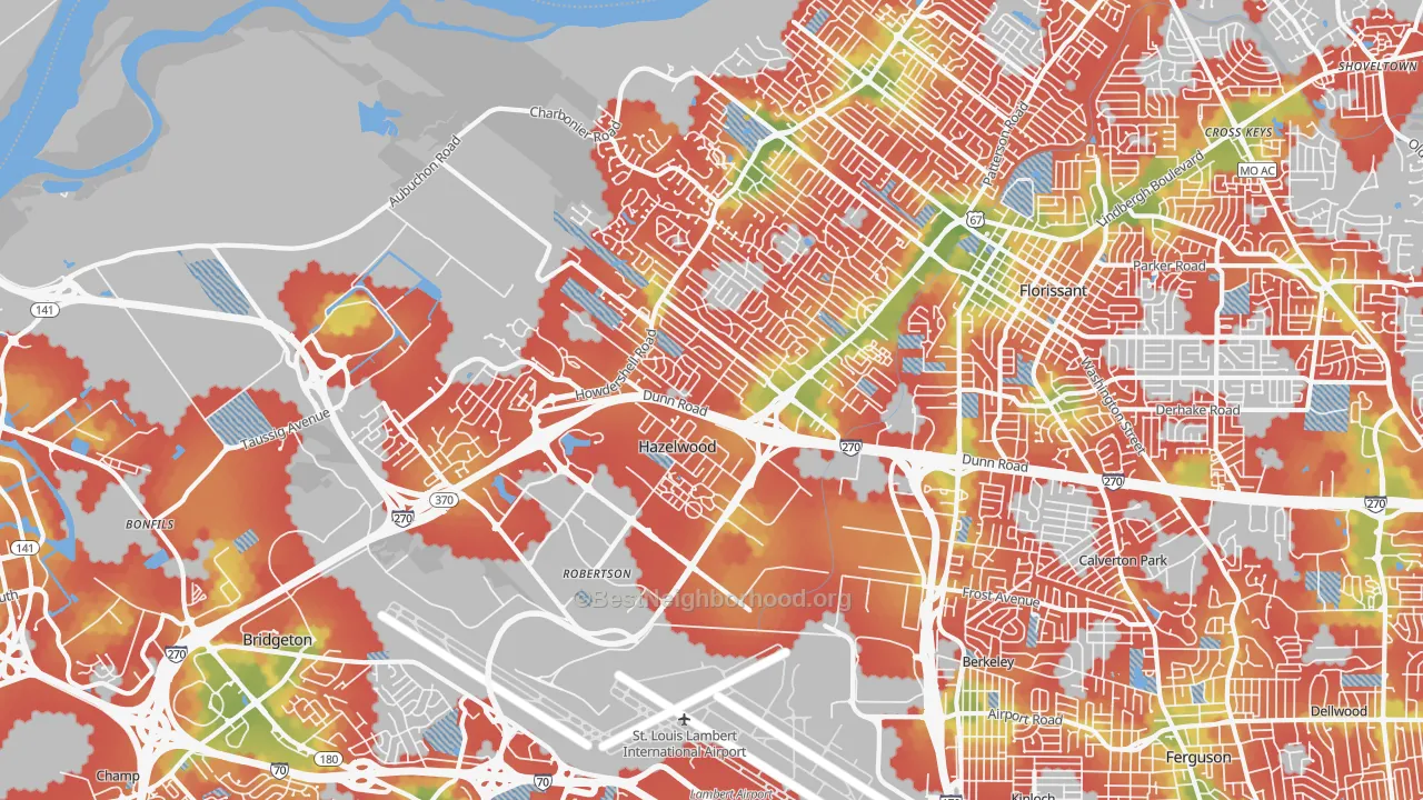 Walk Grade map of 63042, MO, walkable areas in green and car-dependent areas in red