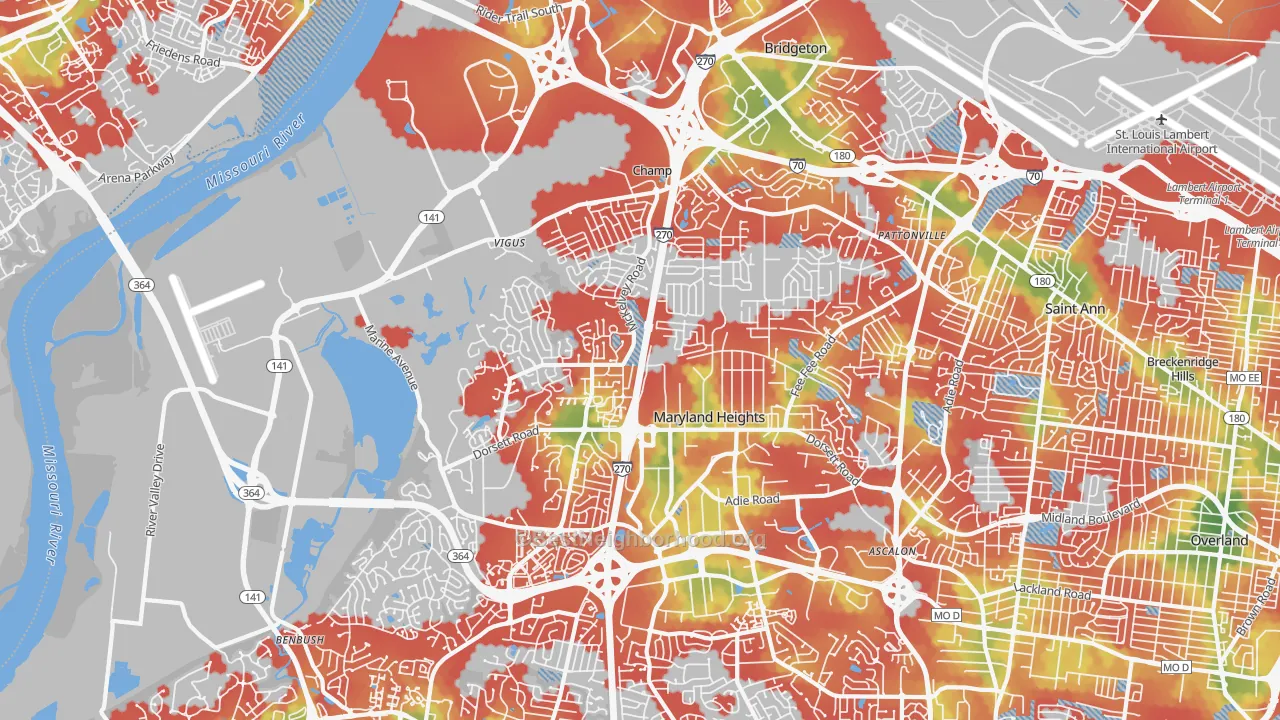 Walk Grade map of 63043, MO, walkable areas in green and car-dependent areas in red