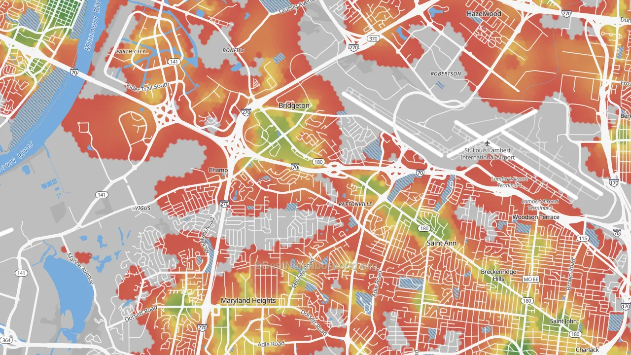 Walk Grade map of 63044, MO, walkable areas in green and car-dependent areas in red