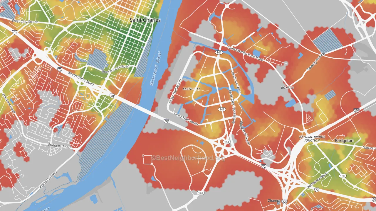 Walk Grade map of 63045, MO, walkable areas in green and car-dependent areas in red