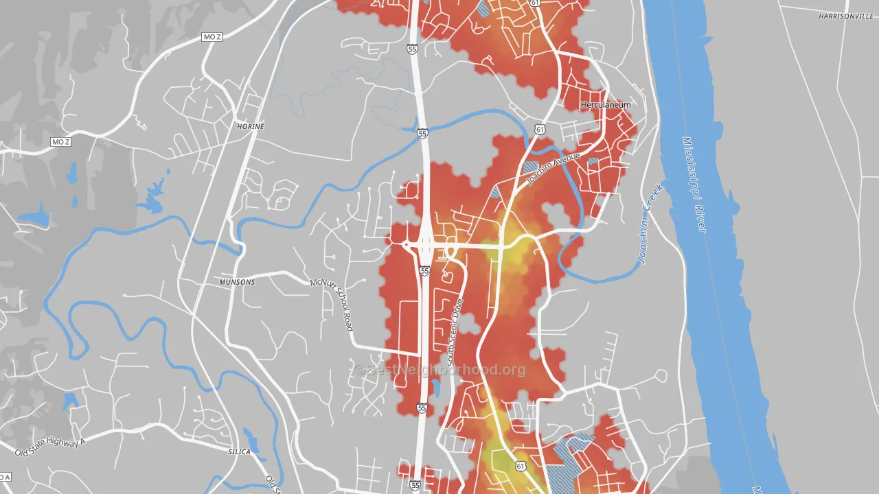 Walk Grade map of 63048, MO, walkable areas in green and car-dependent areas in red