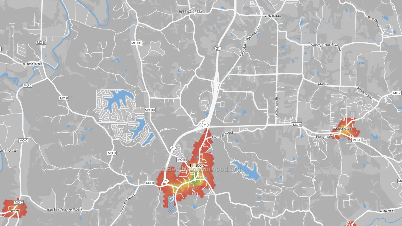 Walk Grade map of 63050, MO, walkable areas in green and car-dependent areas in red