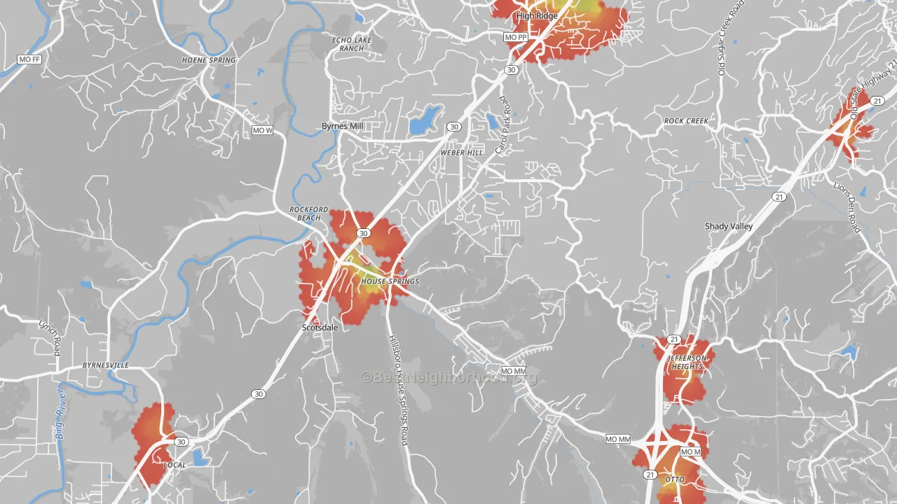 Walk Grade map of 63051, MO, walkable areas in green and car-dependent areas in red