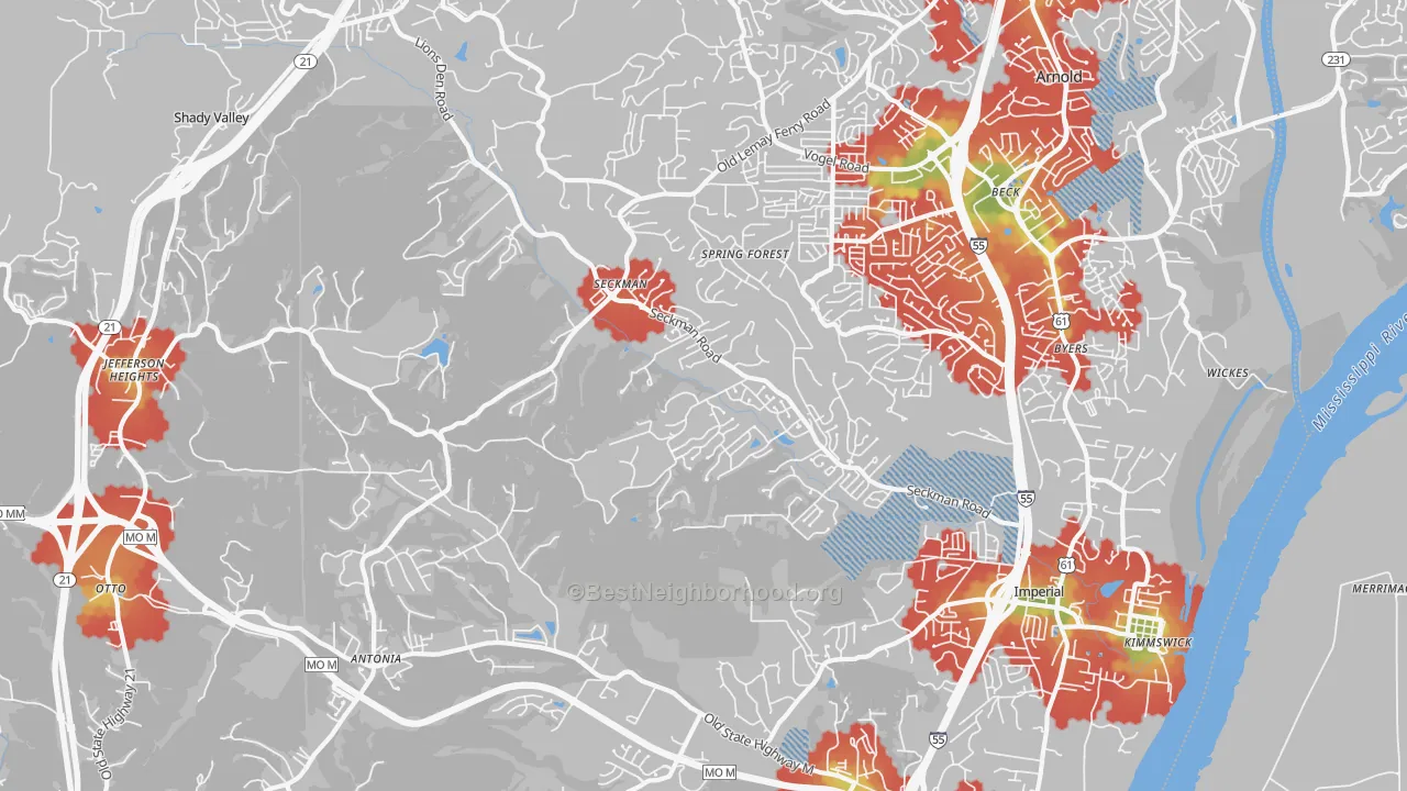 Walk Grade map of 63052, MO, walkable areas in green and car-dependent areas in red