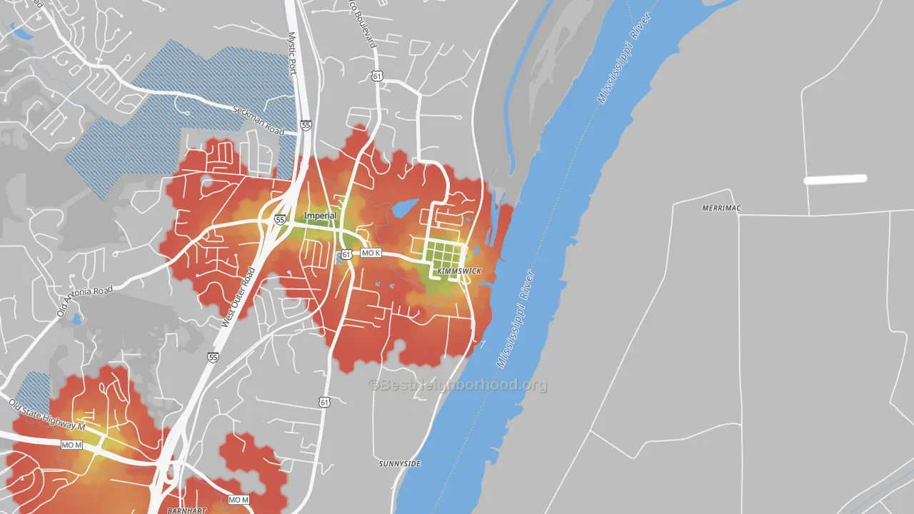Walk Grade map of 63053, MO, walkable areas in green and car-dependent areas in red