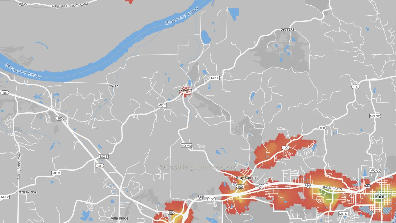 Walk Grade map of 63055, MO, walkable areas in green and car-dependent areas in red