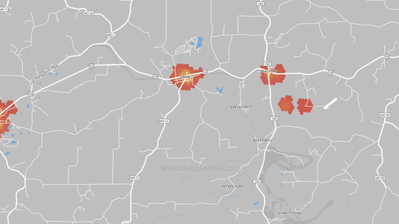 Walk Grade map of 63056, MO, walkable areas in green and car-dependent areas in red