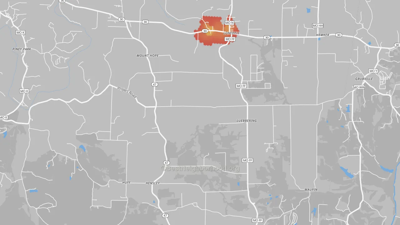 Walk Grade map of 63060, MO, walkable areas in green and car-dependent areas in red