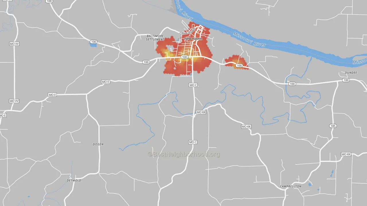 Walk Grade map of 63068, MO, walkable areas in green and car-dependent areas in red
