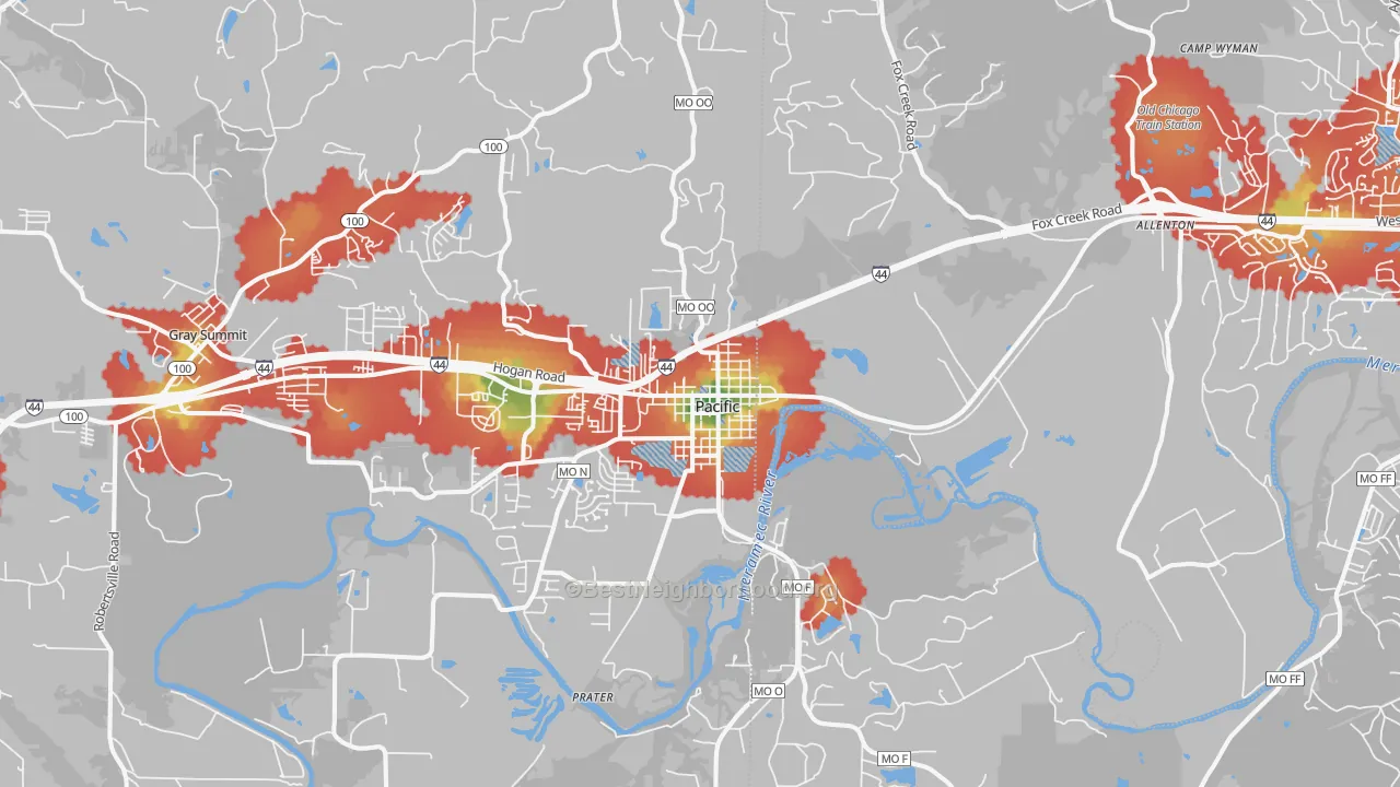 Walk Grade map of 63069, MO, walkable areas in green and car-dependent areas in red