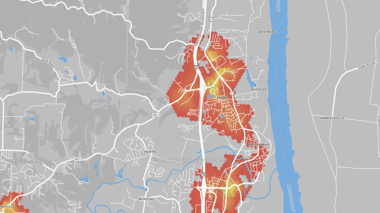 Walk Grade map of 63070, MO, walkable areas in green and car-dependent areas in red