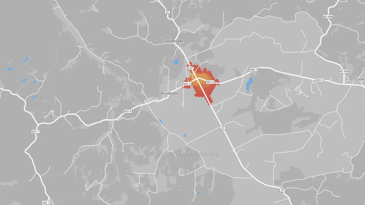 Walk Grade map of 63071, MO, walkable areas in green and car-dependent areas in red