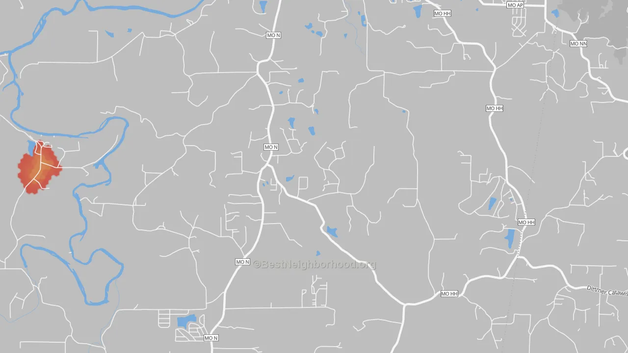 Walk Grade map of 63072, MO, walkable areas in green and car-dependent areas in red