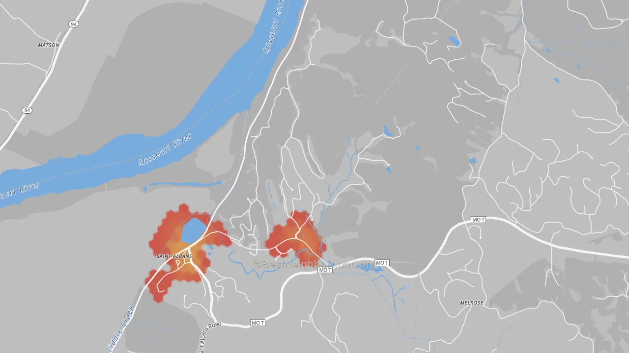 Walk Grade map of 63073, MO, walkable areas in green and car-dependent areas in red