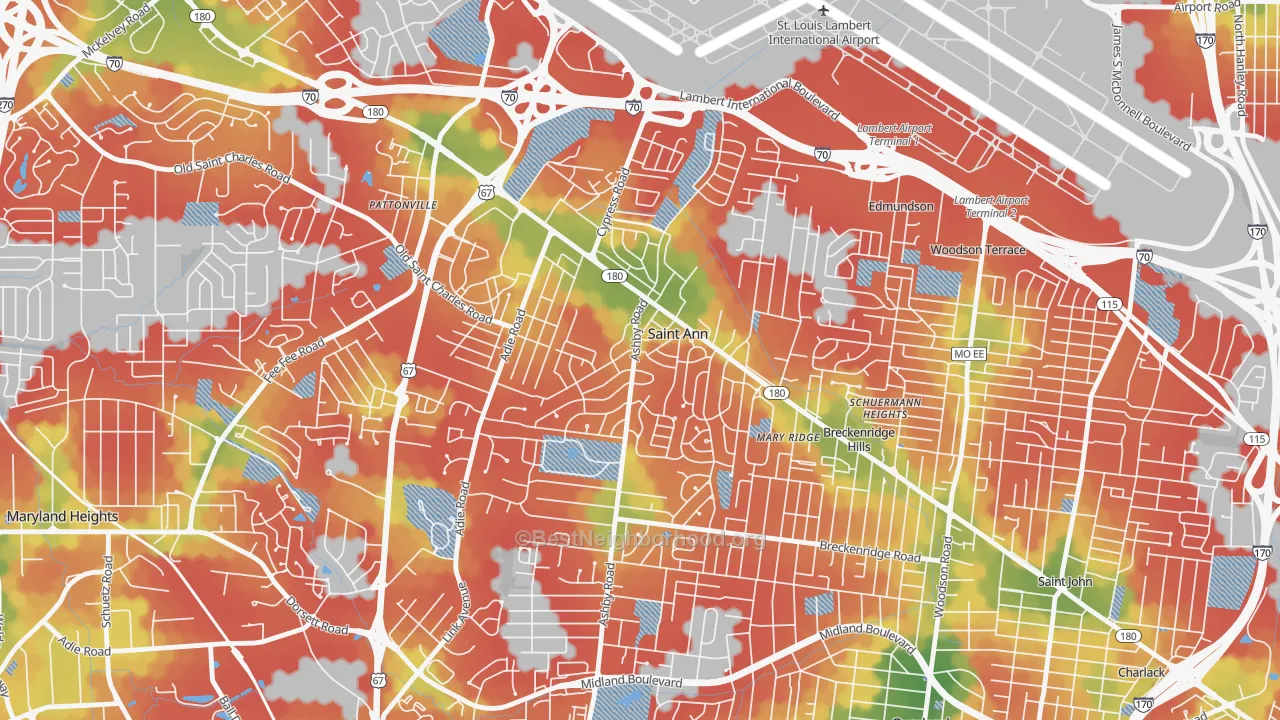 Walk Grade map of 63074, MO, walkable areas in green and car-dependent areas in red