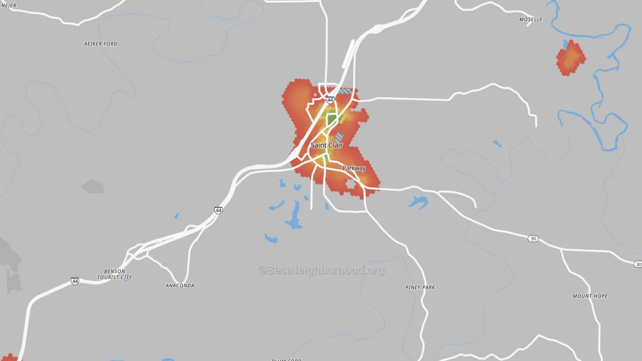 Walk Grade map of 63077, MO, walkable areas in green and car-dependent areas in red