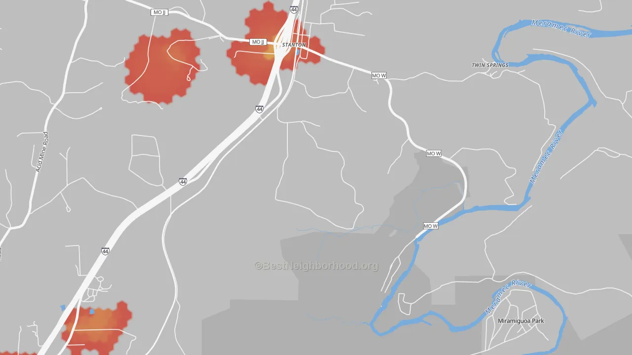 Walk Grade map of 63079, MO, walkable areas in green and car-dependent areas in red