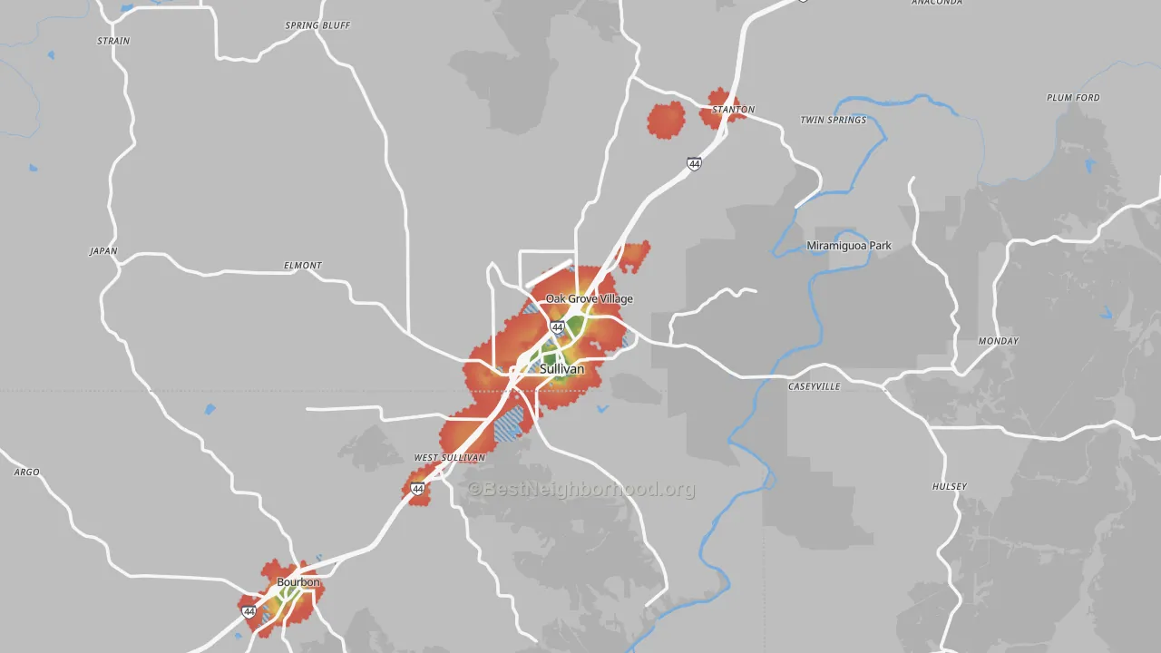 Walk Grade map of 63080, MO, walkable areas in green and car-dependent areas in red