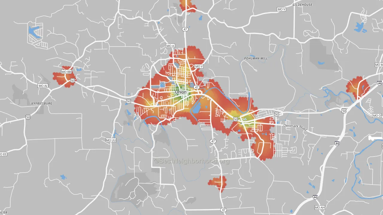 Walk Grade map of 63084, MO, walkable areas in green and car-dependent areas in red