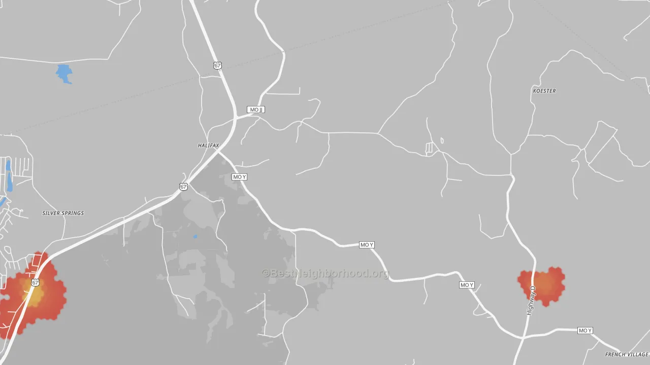 Walk Grade map of 63087, MO, walkable areas in green and car-dependent areas in red