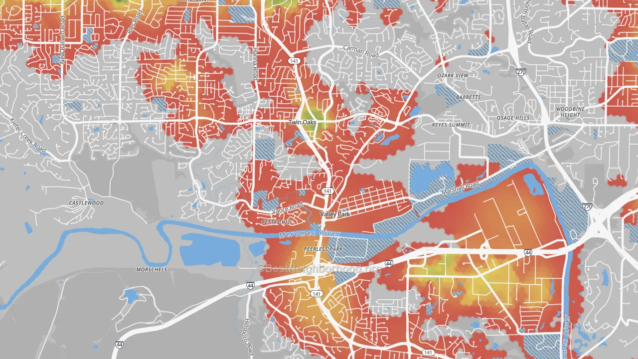 Walk Grade map of 63088, MO, walkable areas in green and car-dependent areas in red