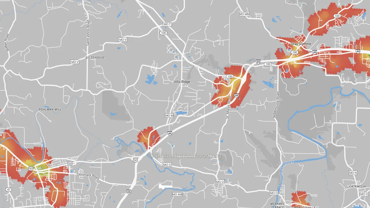 Walk Grade map of 63089, MO, walkable areas in green and car-dependent areas in red