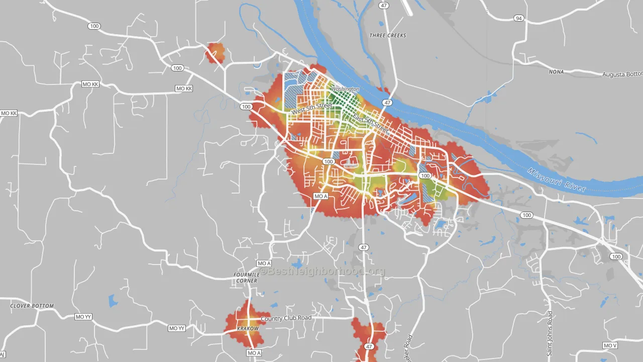 Walk Grade map of 63090, MO, walkable areas in green and car-dependent areas in red