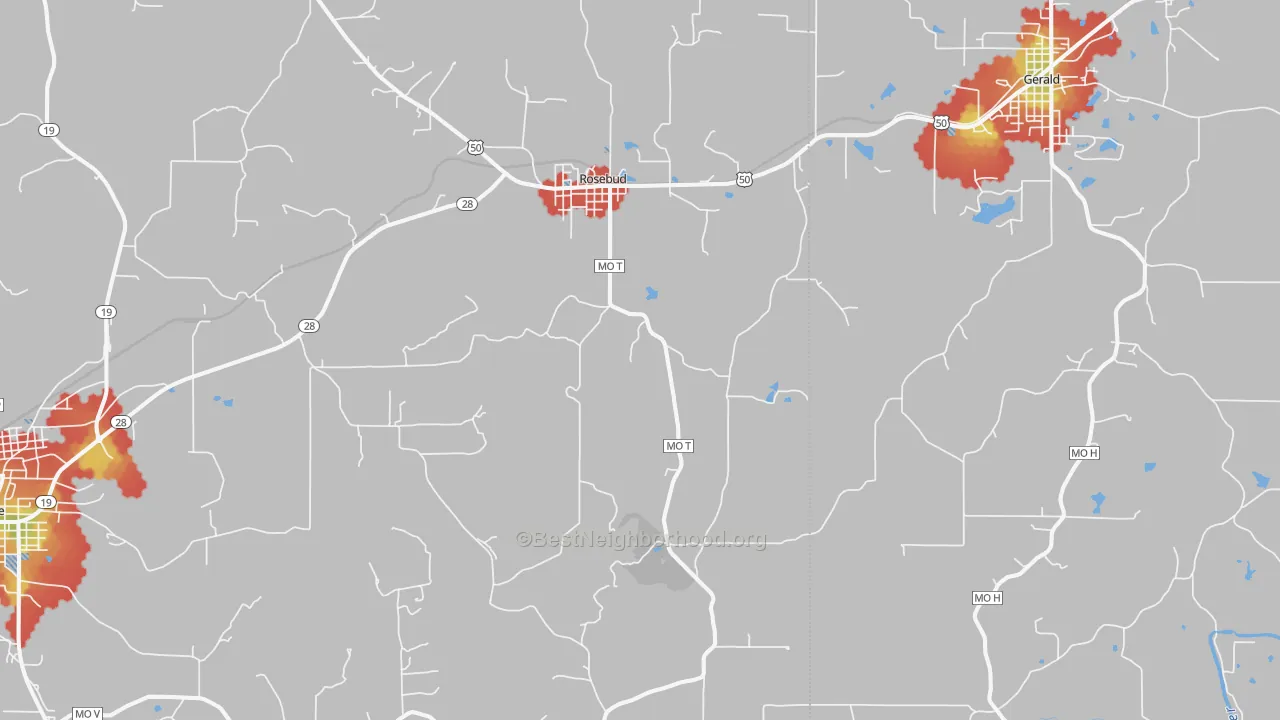 Walk Grade map of 63091, MO, walkable areas in green and car-dependent areas in red