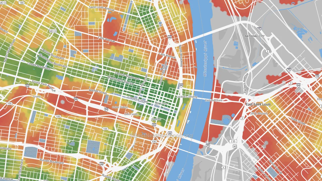Walk Grade map of 63101, MO, walkable areas in green and car-dependent areas in red