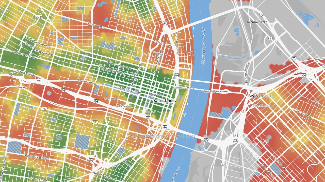 Walk Grade map of 63102, MO, walkable areas in green and car-dependent areas in red