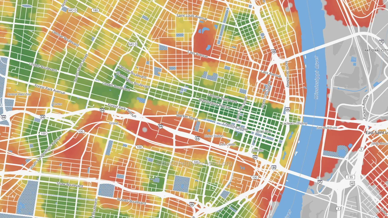 Walk Grade map of 63103, MO, walkable areas in green and car-dependent areas in red