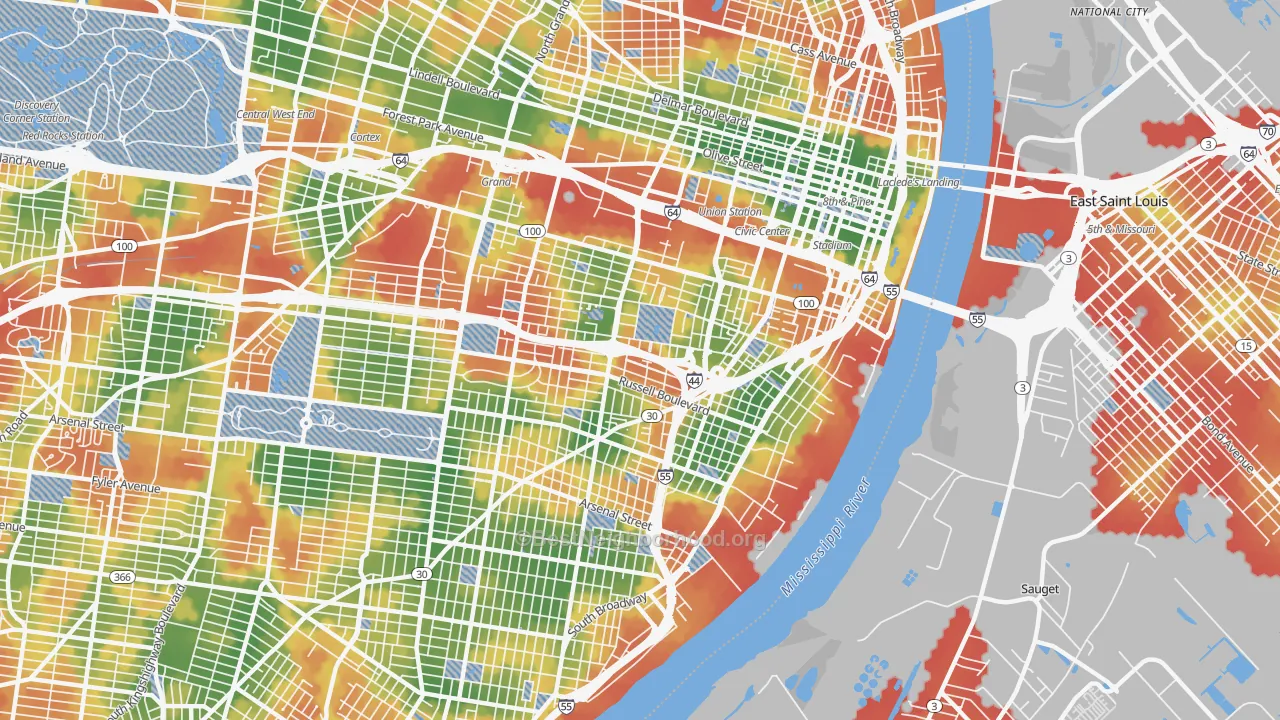 Walk Grade map of 63104, MO, walkable areas in green and car-dependent areas in red