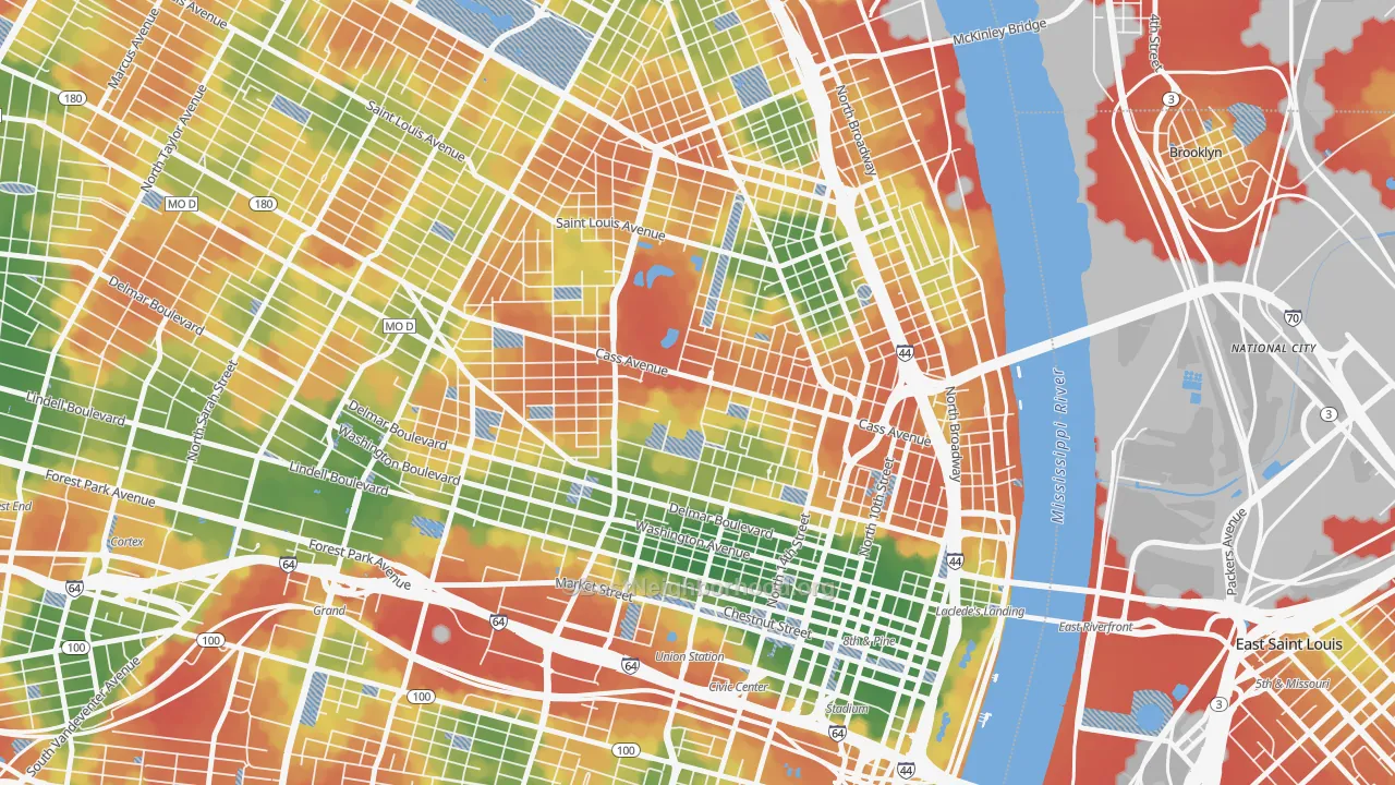 Walk Grade map of 63106, MO, walkable areas in green and car-dependent areas in red