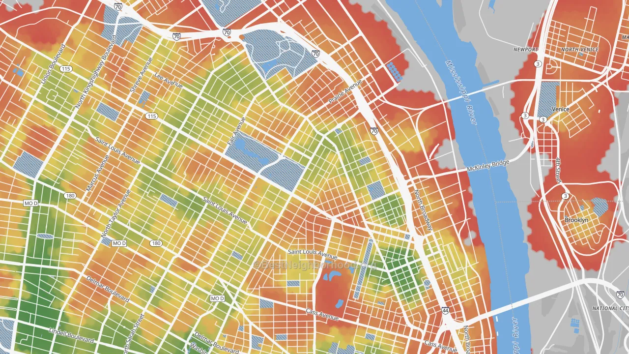 Walk Grade map of 63107, MO, walkable areas in green and car-dependent areas in red