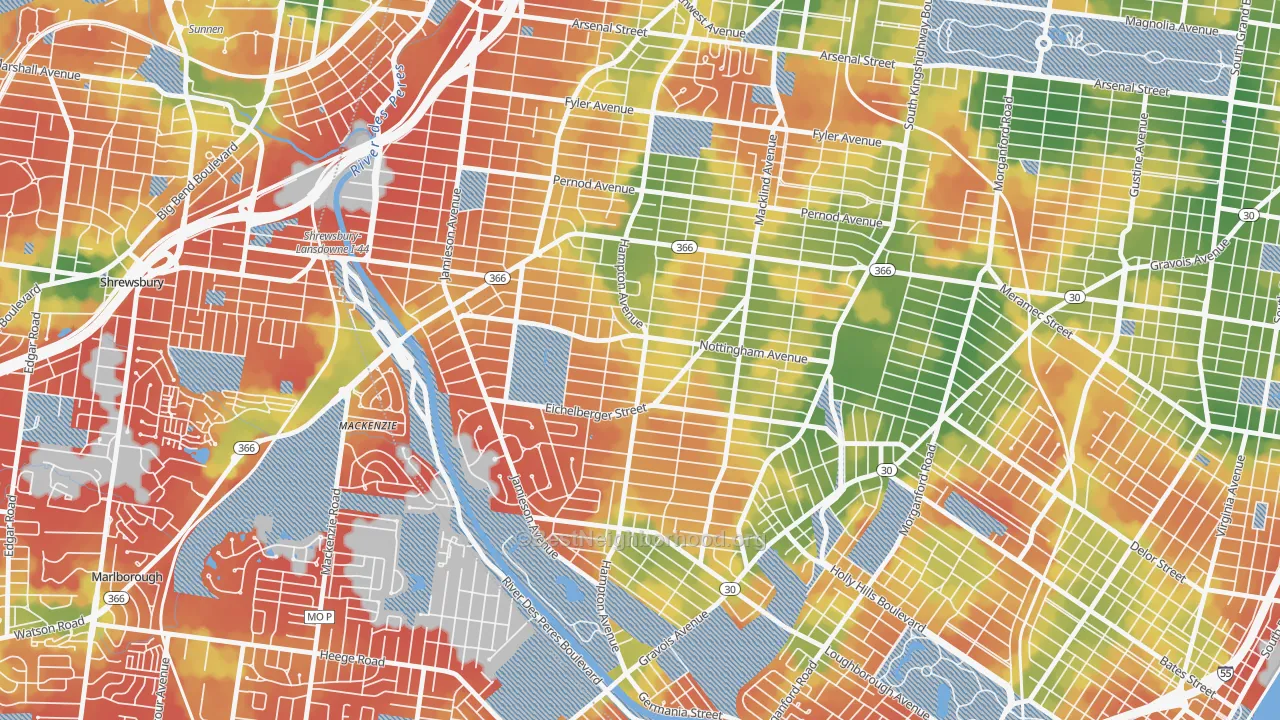 Walk Grade map of 63109, MO, walkable areas in green and car-dependent areas in red