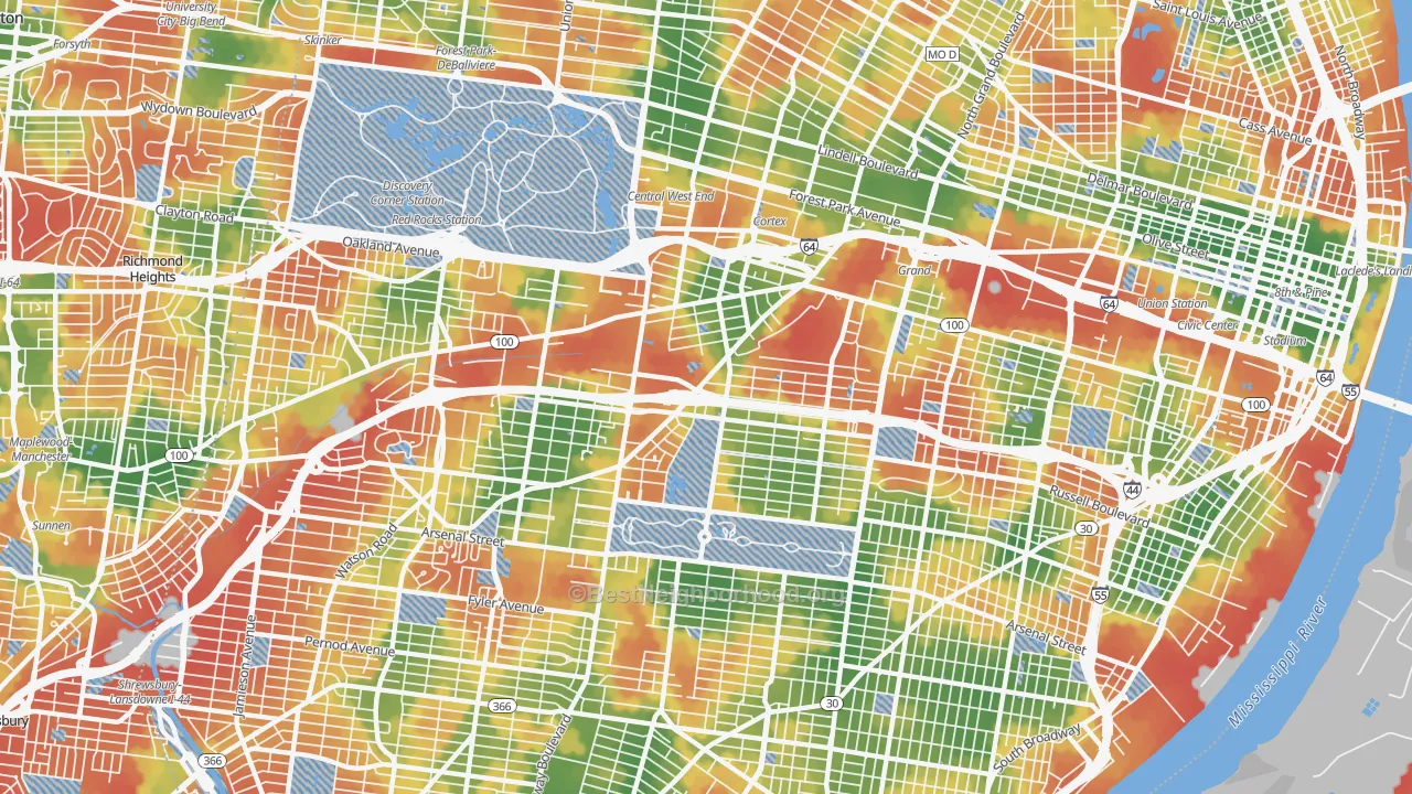 Walk Grade map of 63110, MO, walkable areas in green and car-dependent areas in red