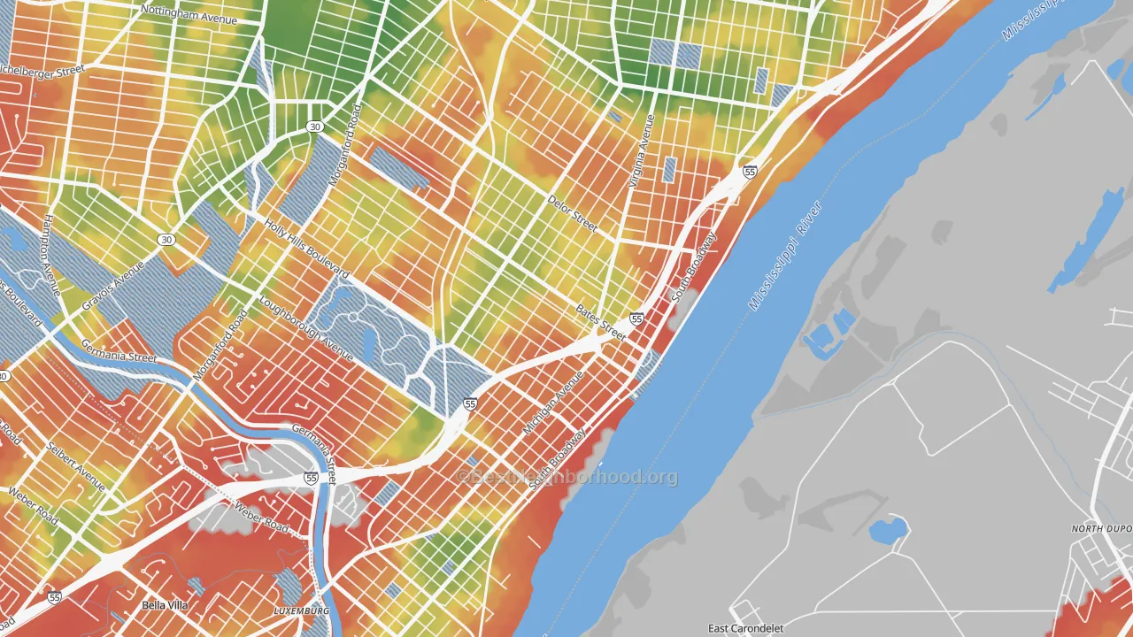Walk Grade map of 63111, MO, walkable areas in green and car-dependent areas in red