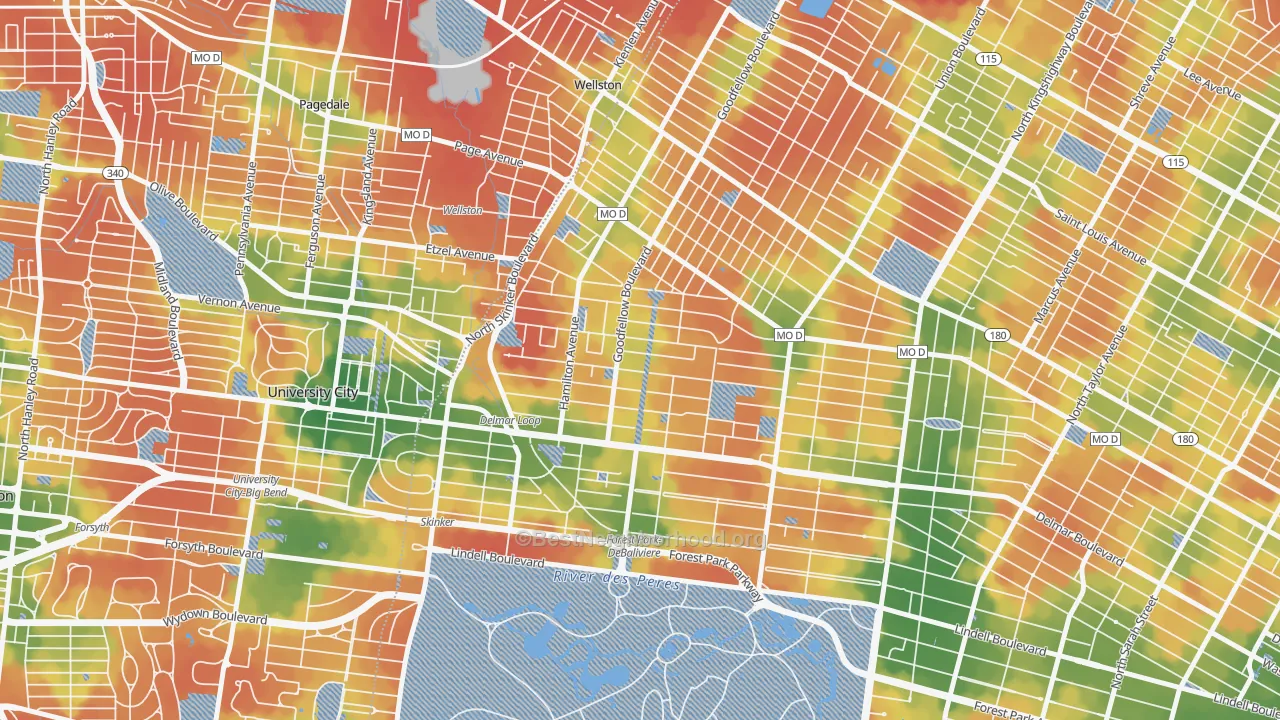 Walk Grade map of 63112, MO, walkable areas in green and car-dependent areas in red