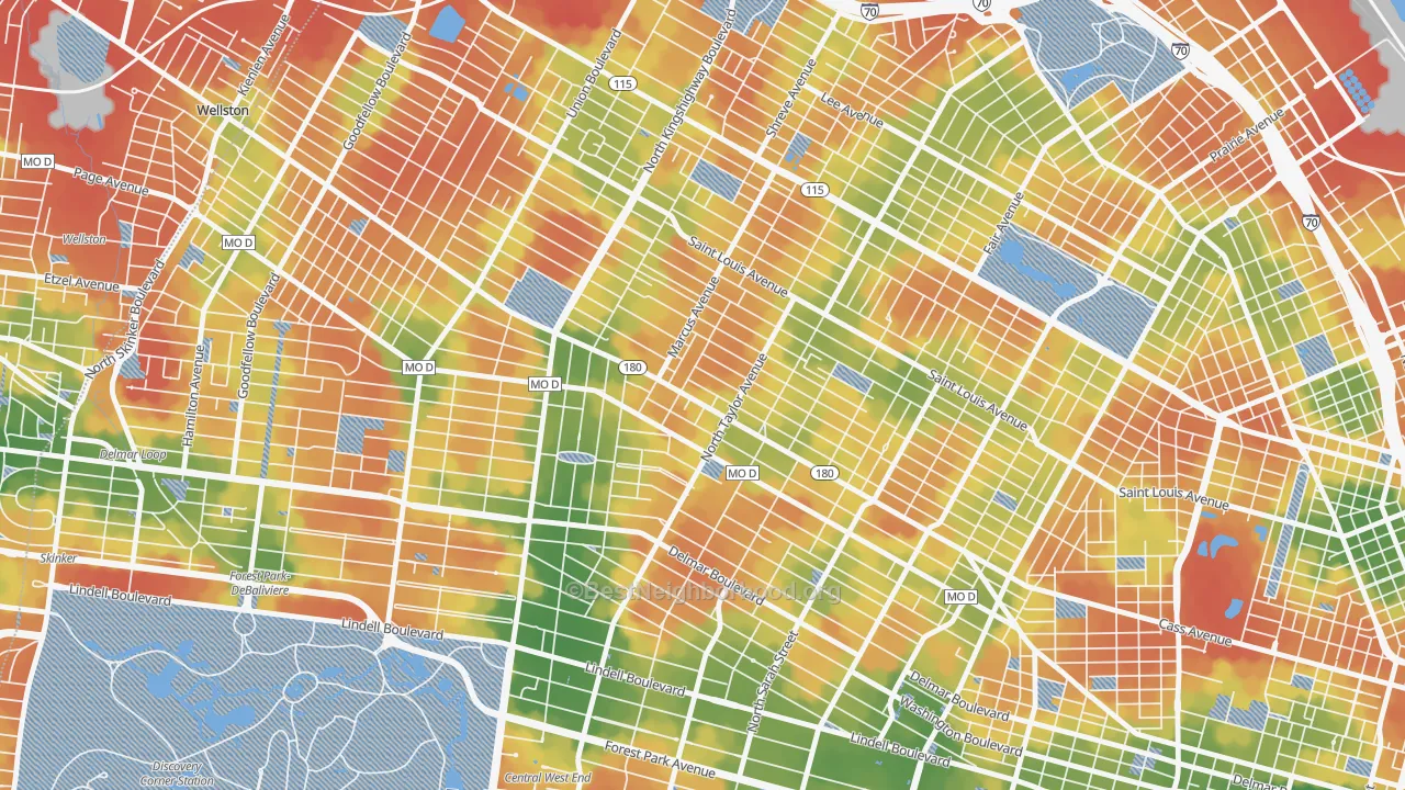 Walk Grade map of 63113, MO, walkable areas in green and car-dependent areas in red
