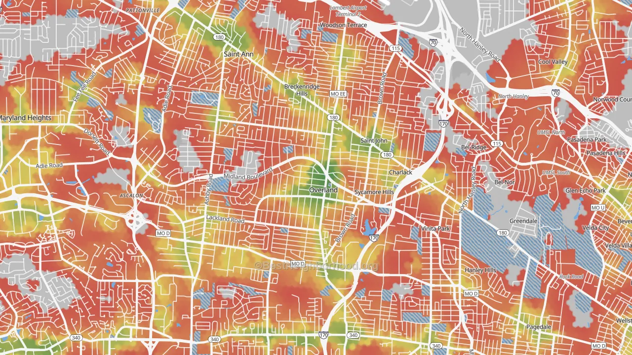 Walk Grade map of 63114, MO, walkable areas in green and car-dependent areas in red