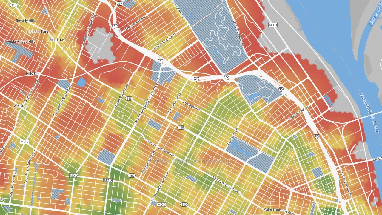 Walk Grade map of 63115, MO, walkable areas in green and car-dependent areas in red