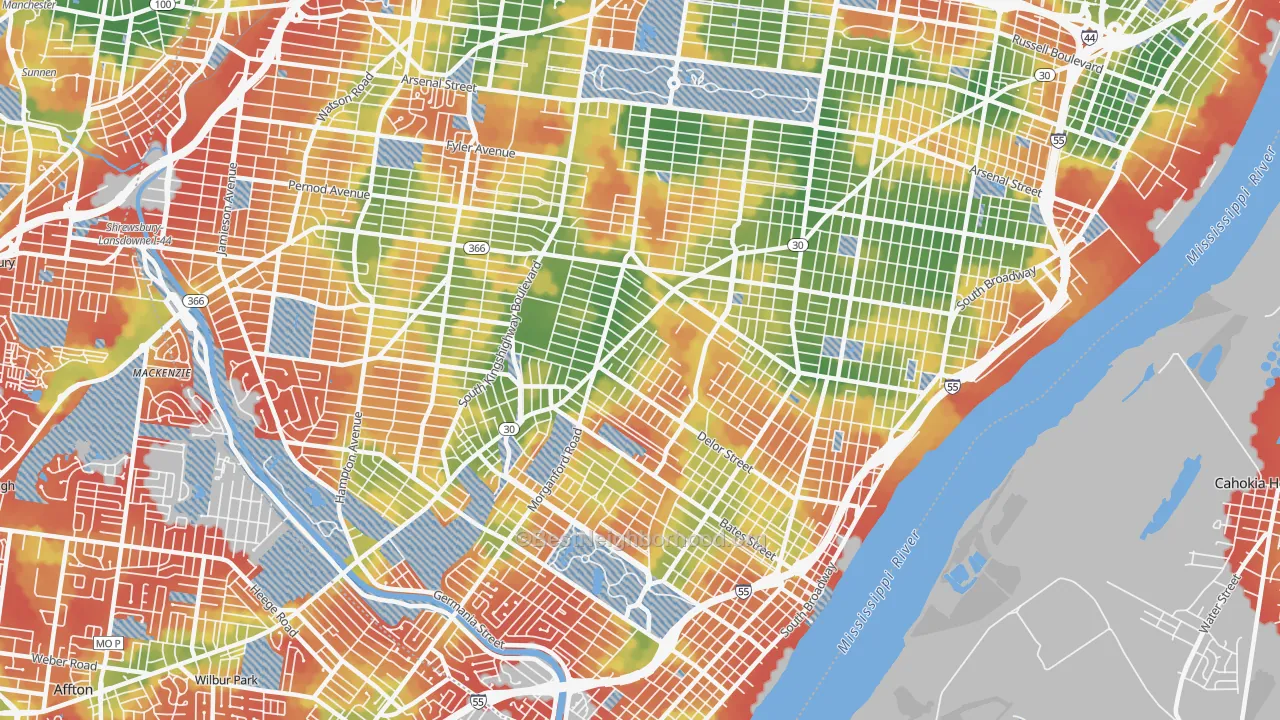 Walk Grade map of 63116, MO, walkable areas in green and car-dependent areas in red
