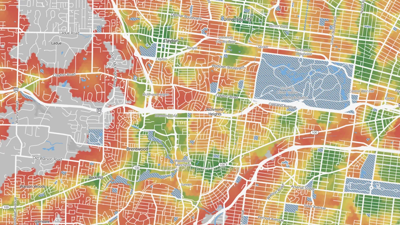Walk Grade map of 63117, MO, walkable areas in green and car-dependent areas in red