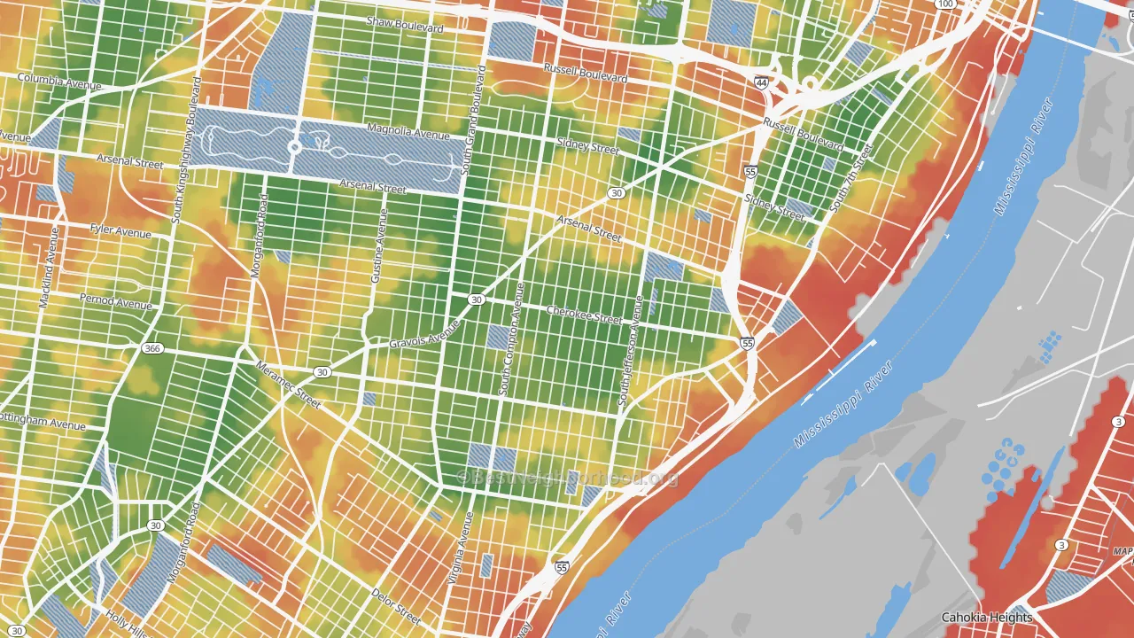 Walk Grade map of 63118, MO, walkable areas in green and car-dependent areas in red