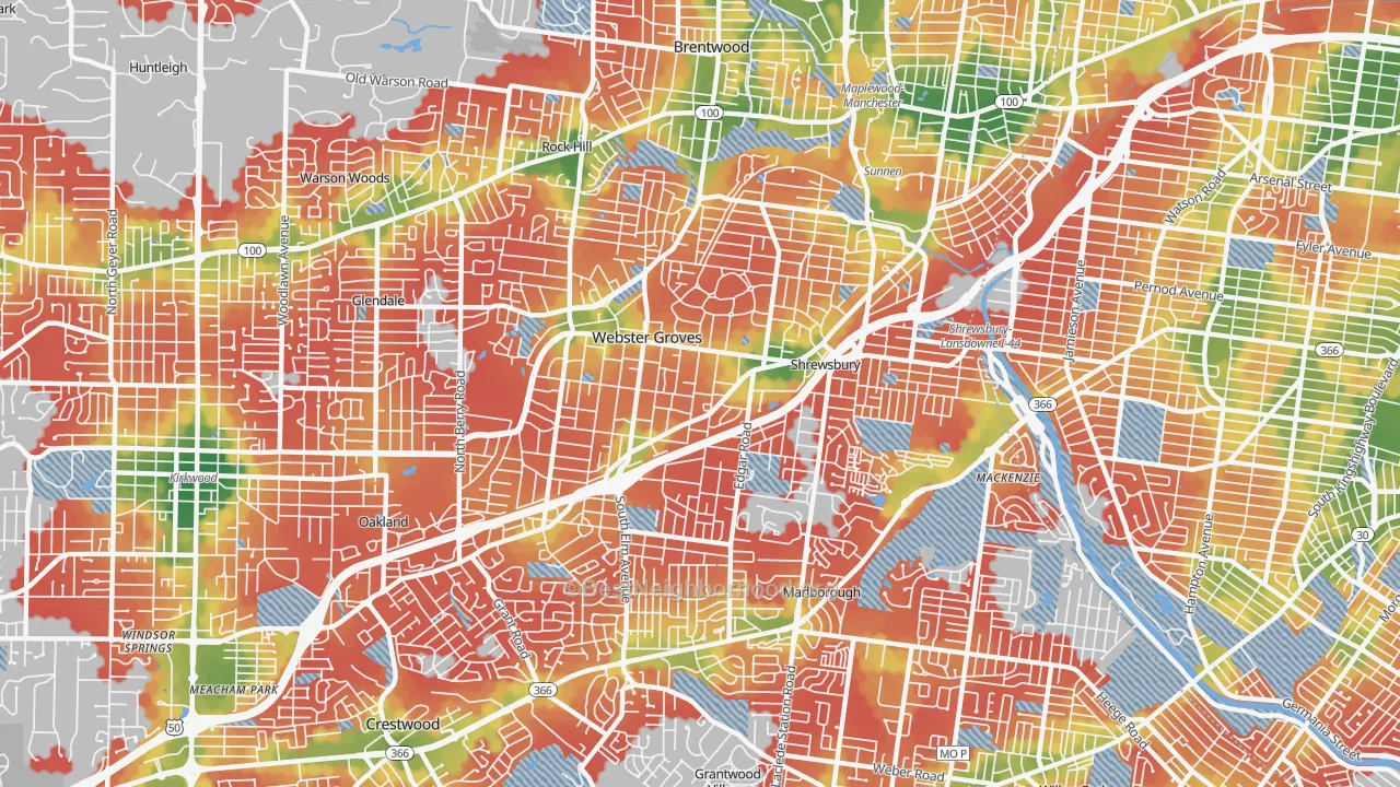 Walk Grade map of 63119, MO, walkable areas in green and car-dependent areas in red