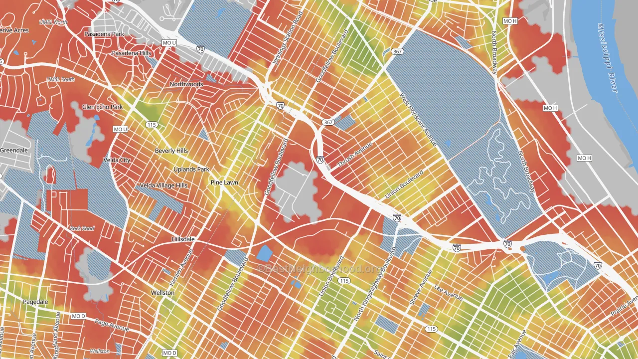 Walk Grade map of 63120, MO, walkable areas in green and car-dependent areas in red