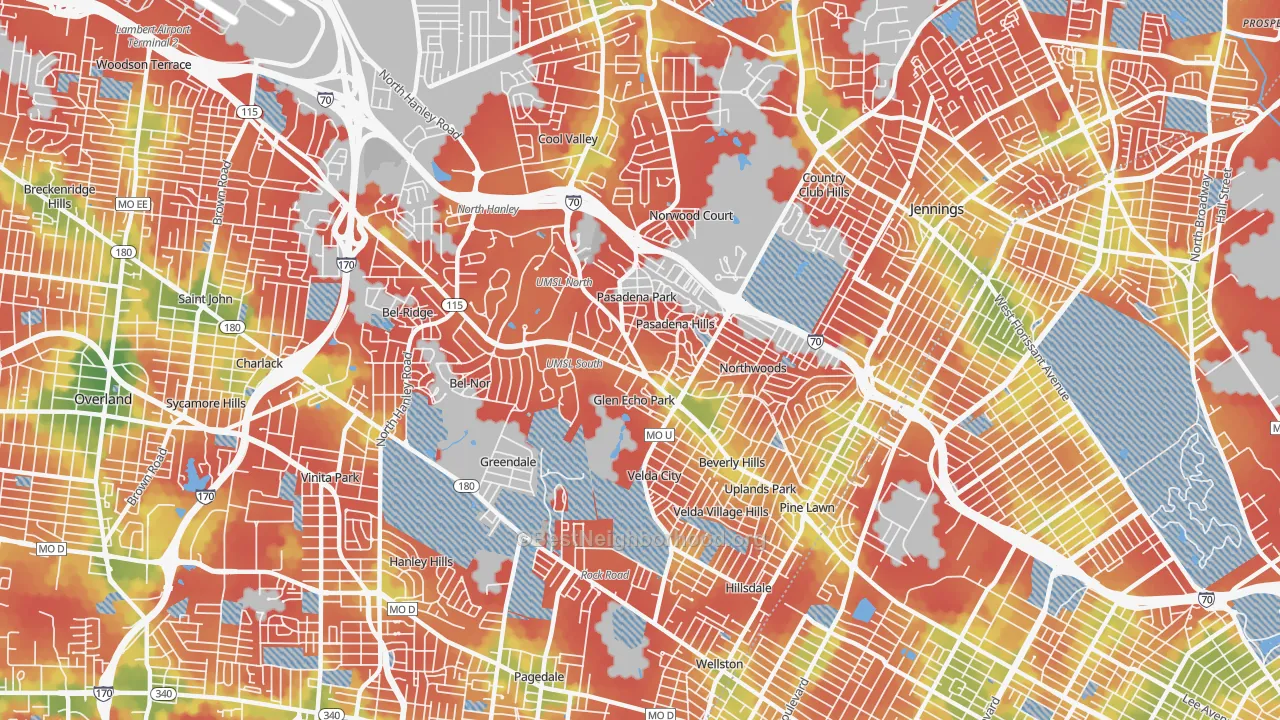 Walk Grade map of 63121, MO, walkable areas in green and car-dependent areas in red