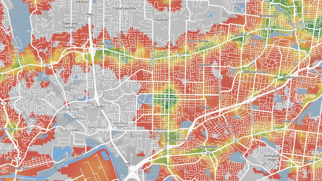 Walk Grade map of 63122, MO, walkable areas in green and car-dependent areas in red