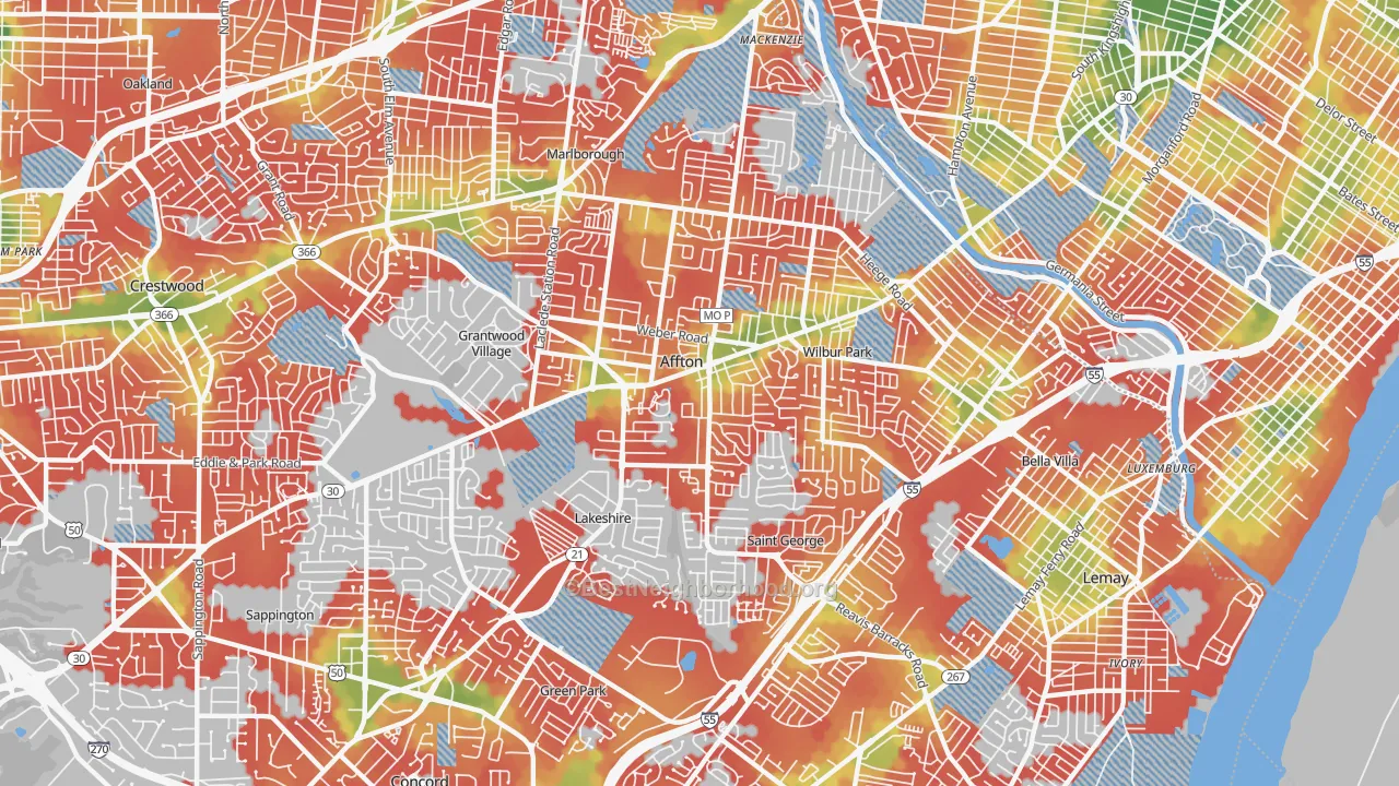 Walk Grade map of 63123, MO, walkable areas in green and car-dependent areas in red