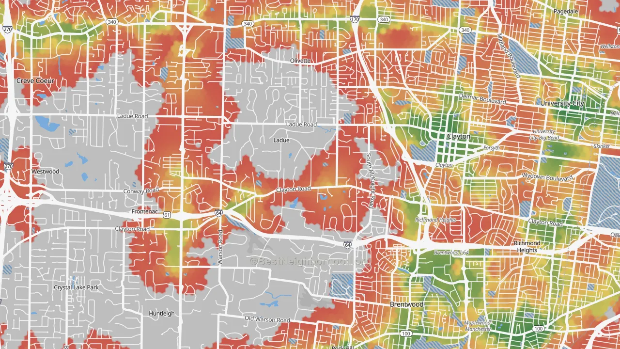 Walk Grade map of 63124, MO, walkable areas in green and car-dependent areas in red